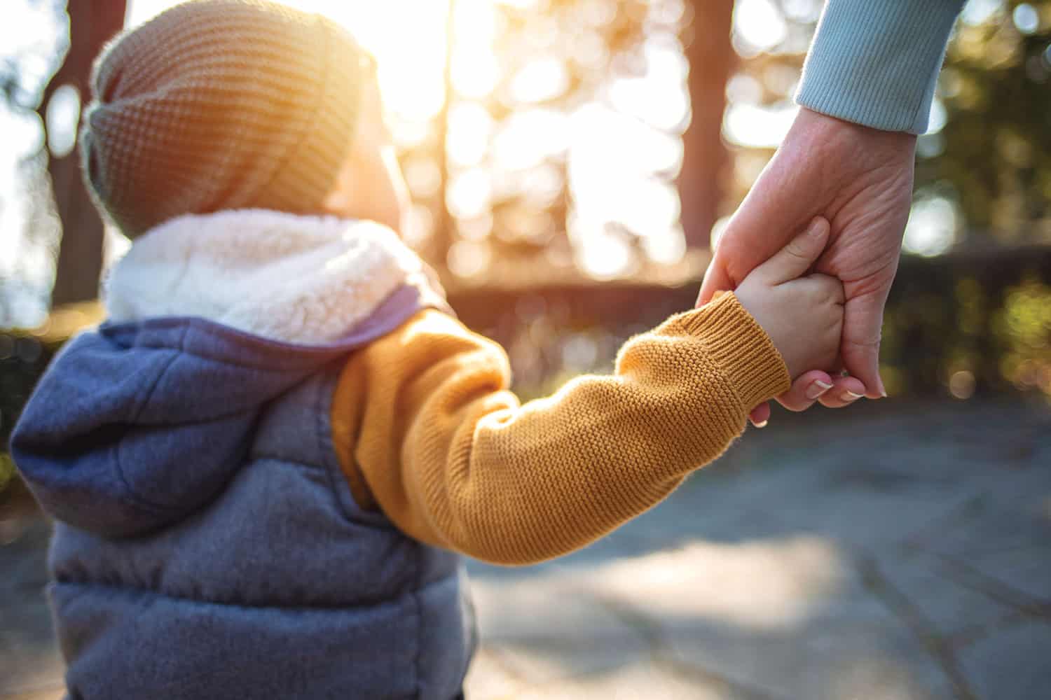 Photo from side and behind of profile of young child in hat and, woollen yellow jumper and hooded fleece vest holding hand of adult, with sun coming through trees in the background.