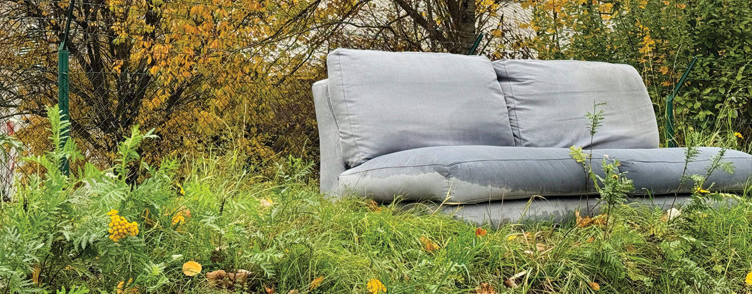 photo of old pale blue two-seater sofa fly-tipped in overgrown wooded area behind fenced industrial estate.