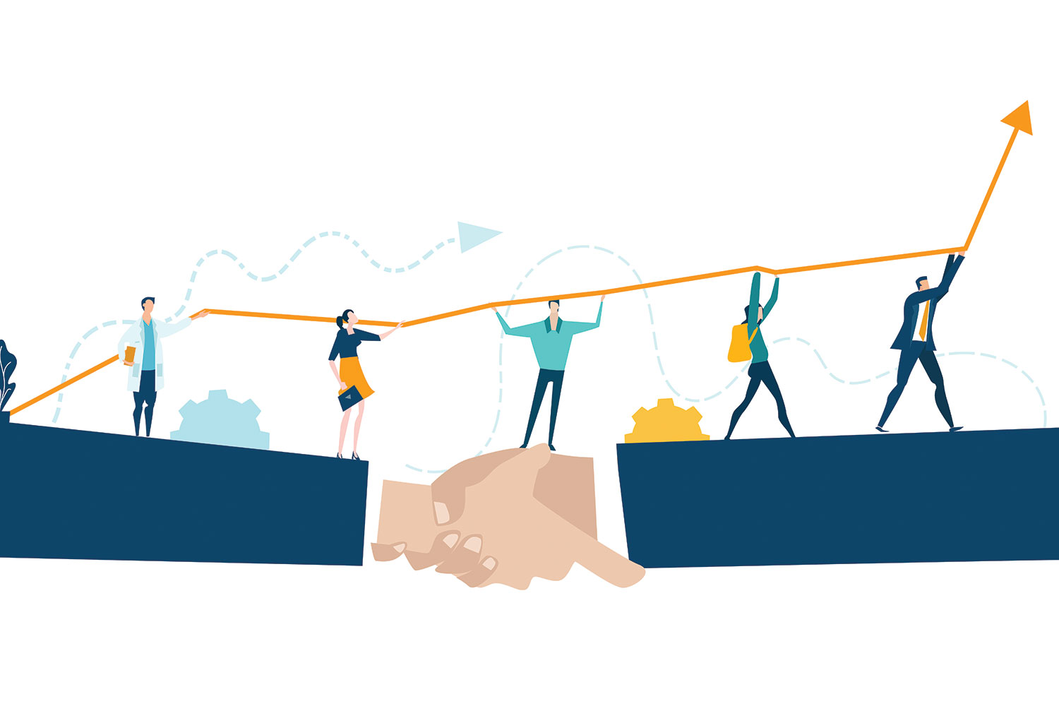 graphic of cartoon people standing on suited arms shaking hands and holding an graph/arrow line trending upwards