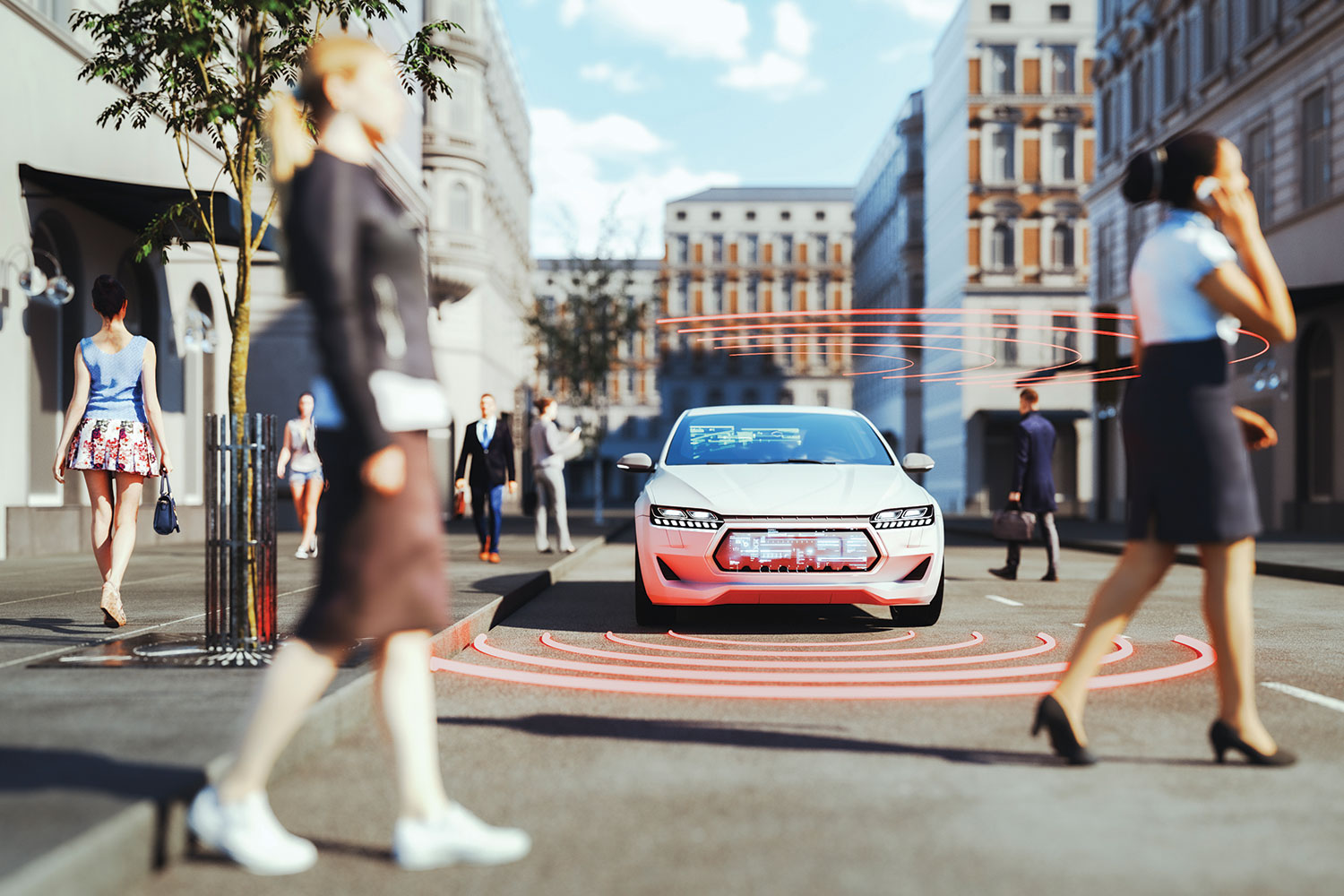graphic of self-driving car with computer display on windscreen and red rings around it indicating sensors, in the middle of urban road with people crossing in front of it