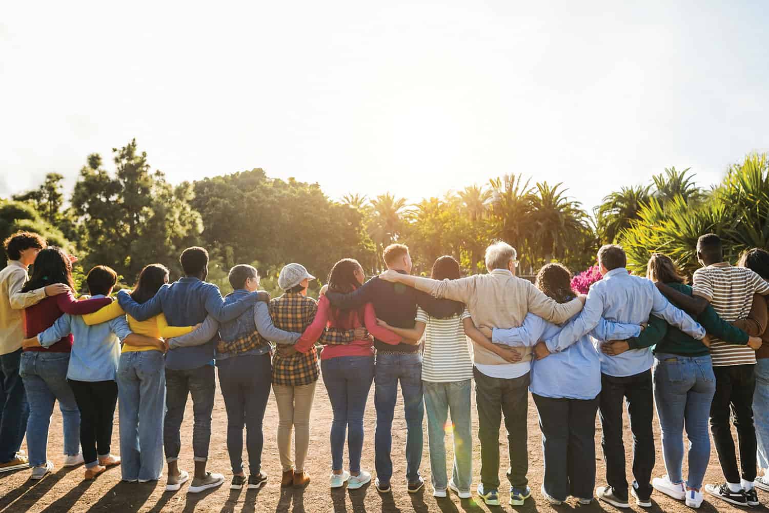 Diverse people standing with their backs to us, arms on each other’s shoulders or around their waists, looking at sunlight trees.