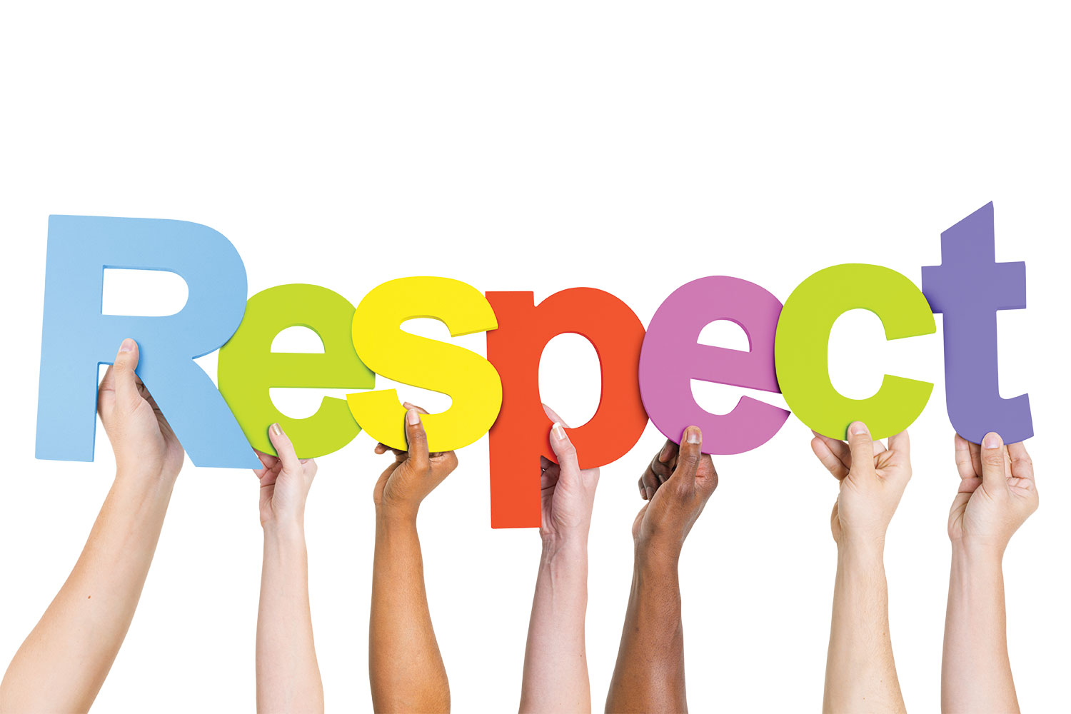 Diverse arms and hands holding up the differently coloured letters spelling out ‘Respect’.