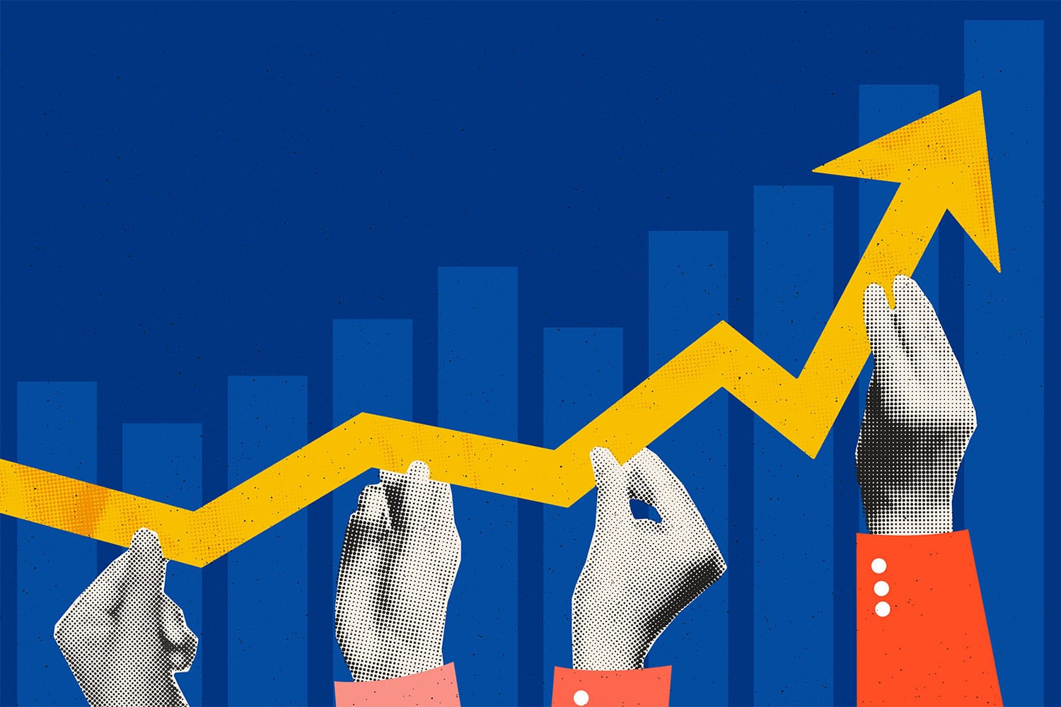 graphic of hands in red sleeves holding up a yellow arrow meandering upwards against backdrop of blue bar graph