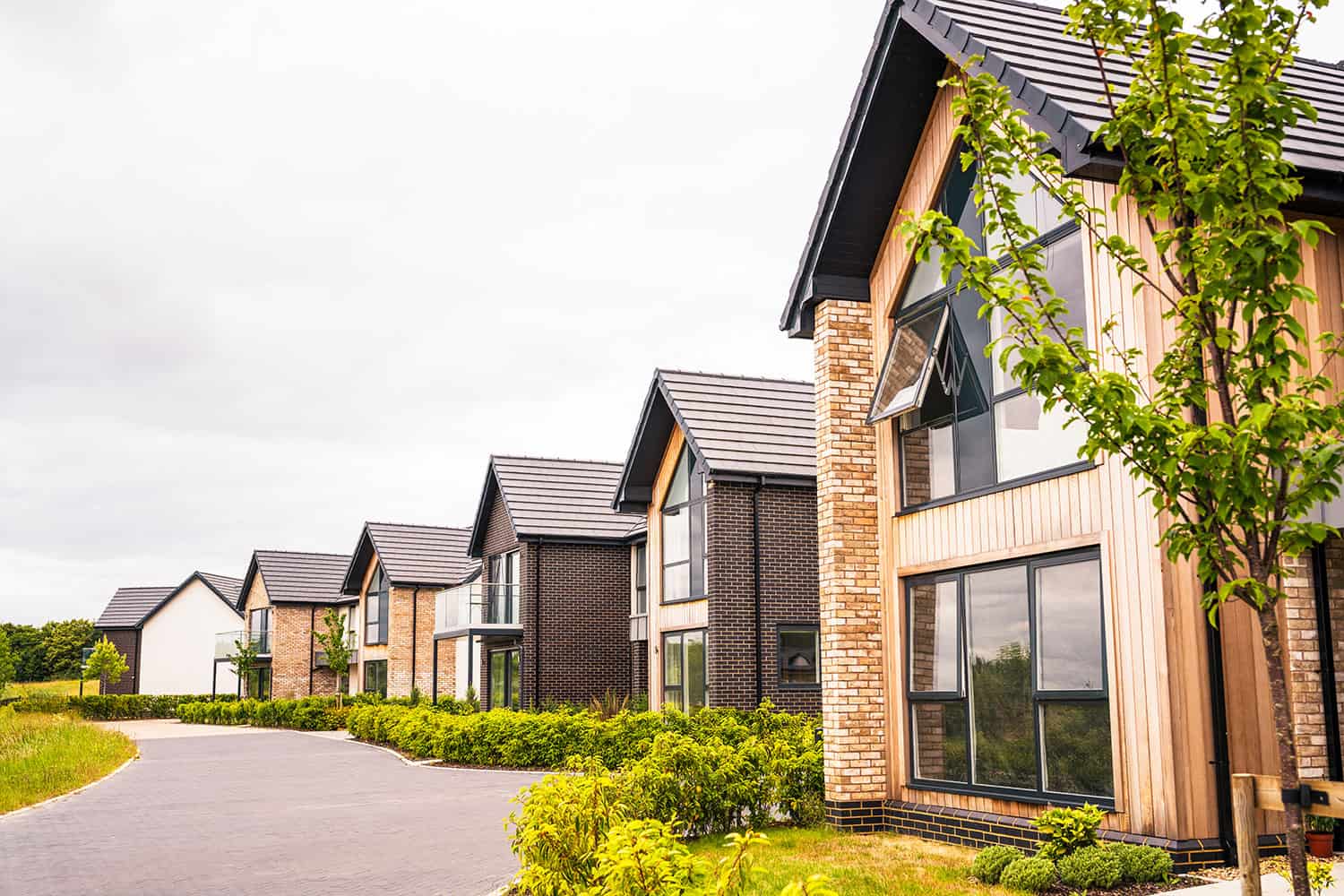 photo of smart new detached homes alongside grass and path