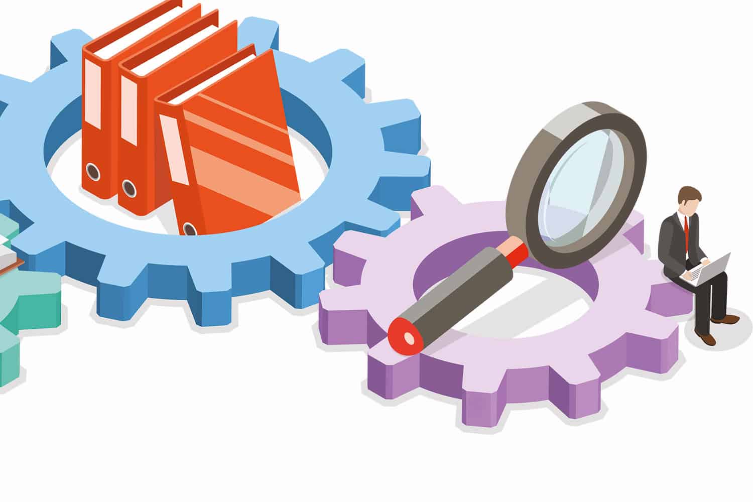 graphic of multi-coloured cogs littered with files, books, tick-lists, gavel and small figures looking at laptops