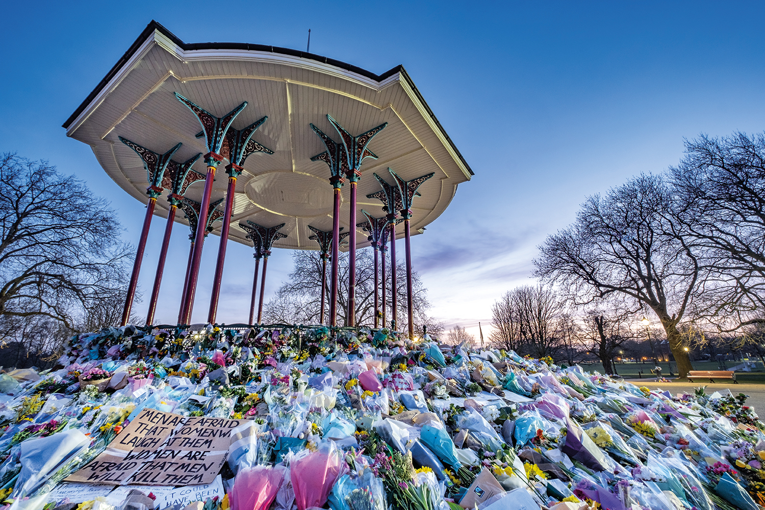 Clapham Common Bandstand with Sarah Everard memorial and tributes