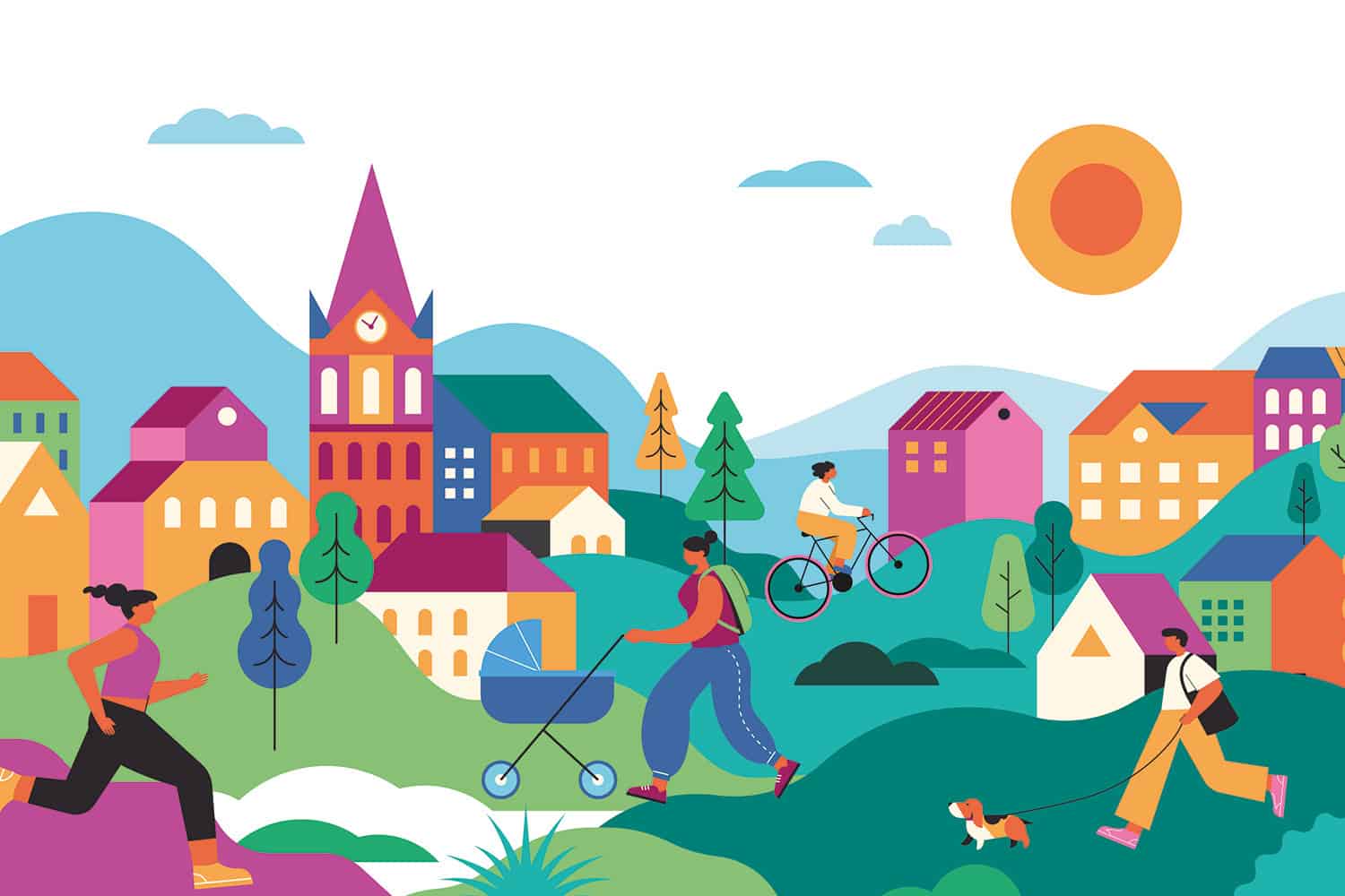 colourful graphic of people running, walking a dog, cycling and pushing a child’s buggy against a backdrop of housing and civic buildings dotted around small green hills and trees