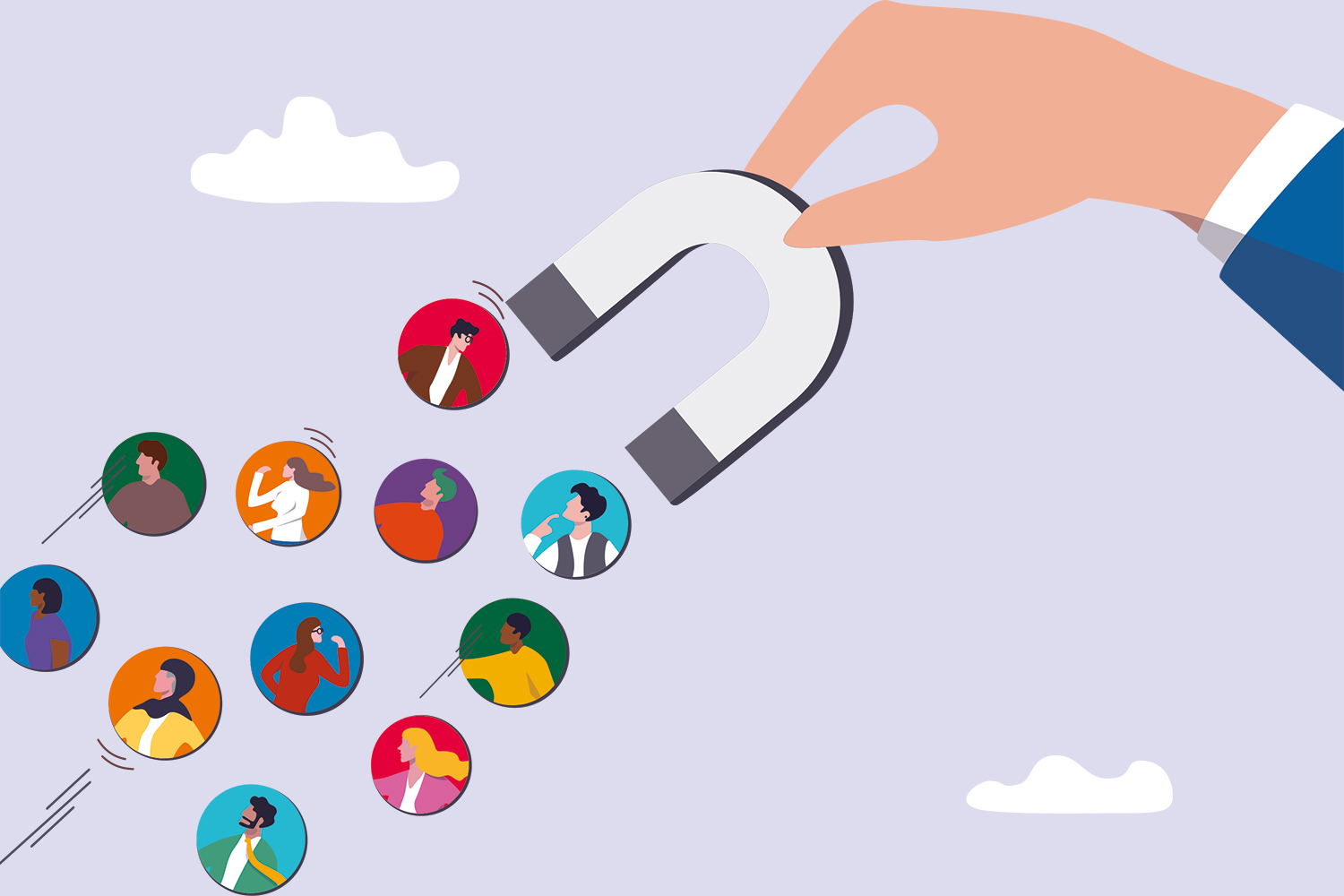 graphic of giant horseshoe-shaped magnet attracting discs with pictures of different people in them