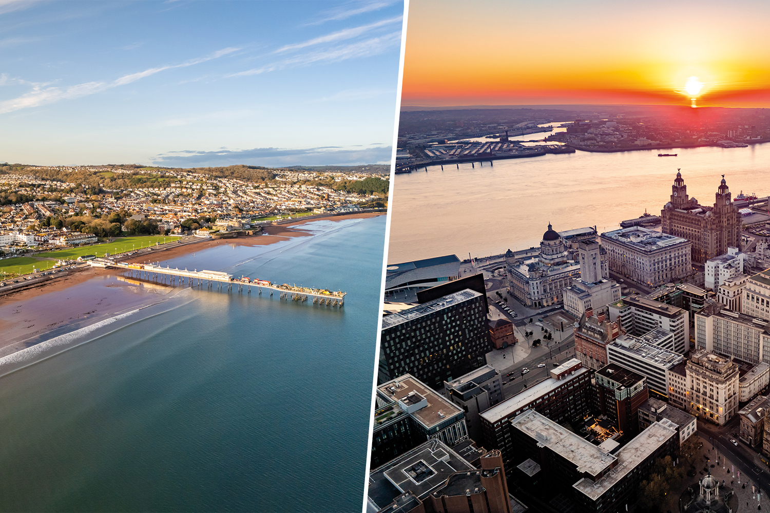 aerial photos above Liverpool and the River Mersey at sunset; and Cheshire coastline with town and pier