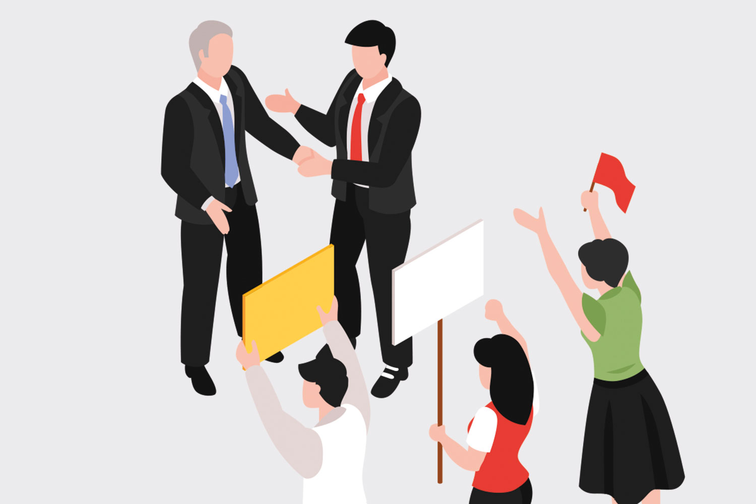 graphic of faceless human figures shaking hands, holding up placards and waving