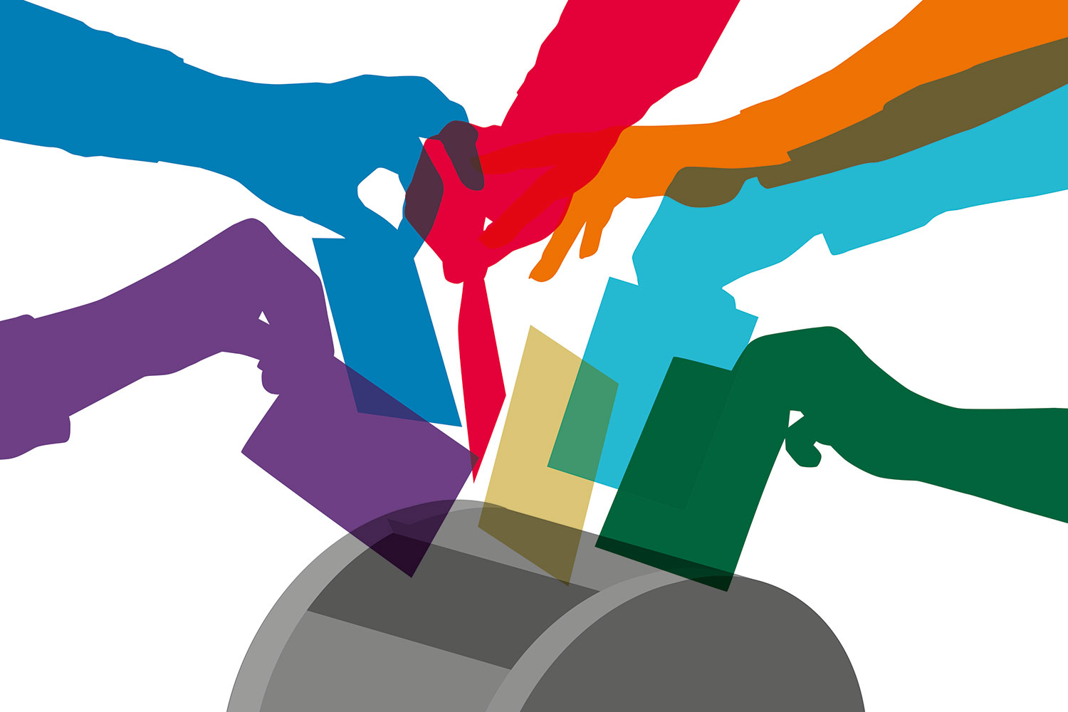 graphic of purple, blue, red, orange, turquoise and green hands dropping ballot papers into a grey box)