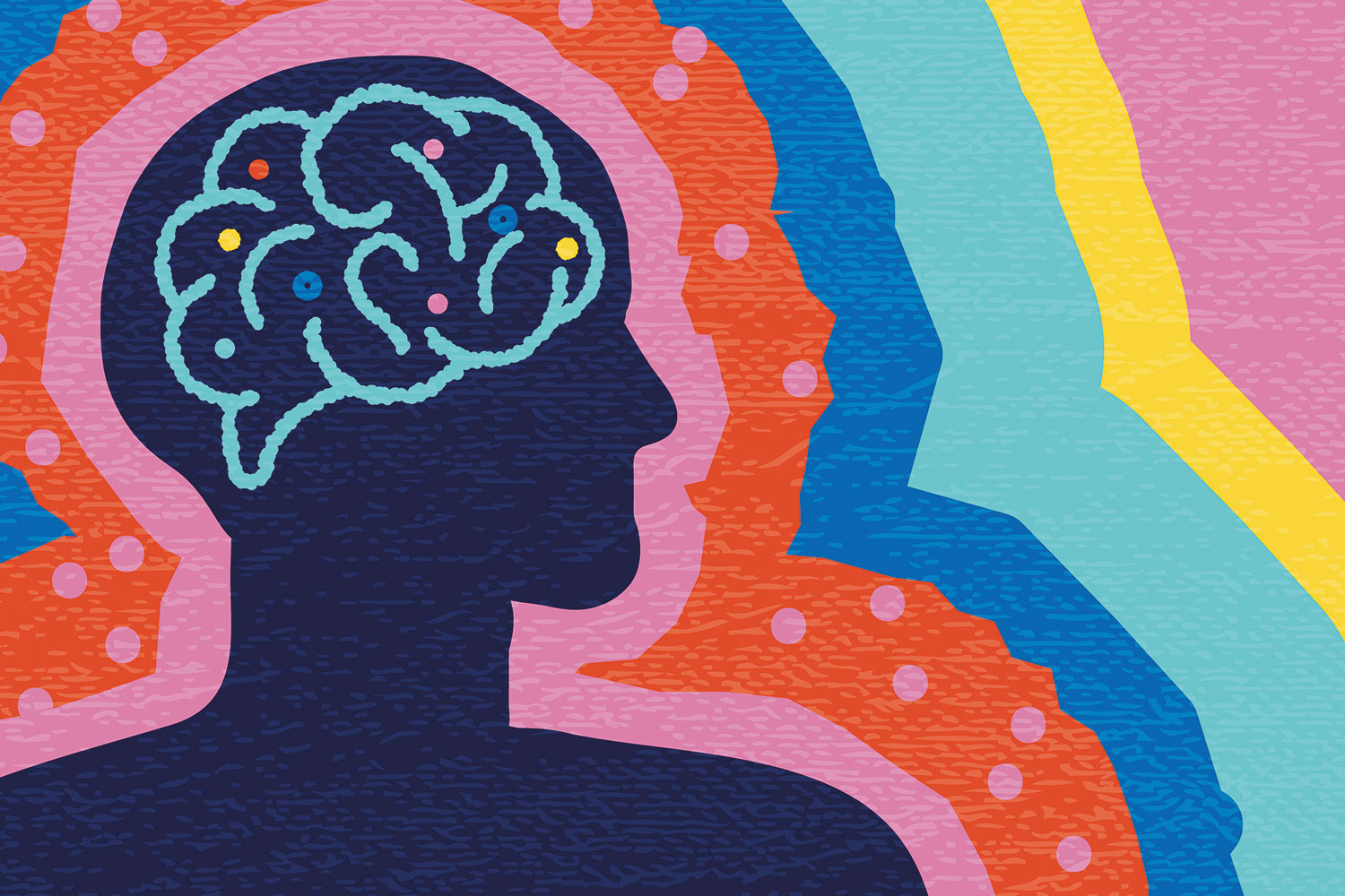 : graphic of black cut-out of head-and-shoulders sideways on with brain highlighted in light blue, set against colourful background