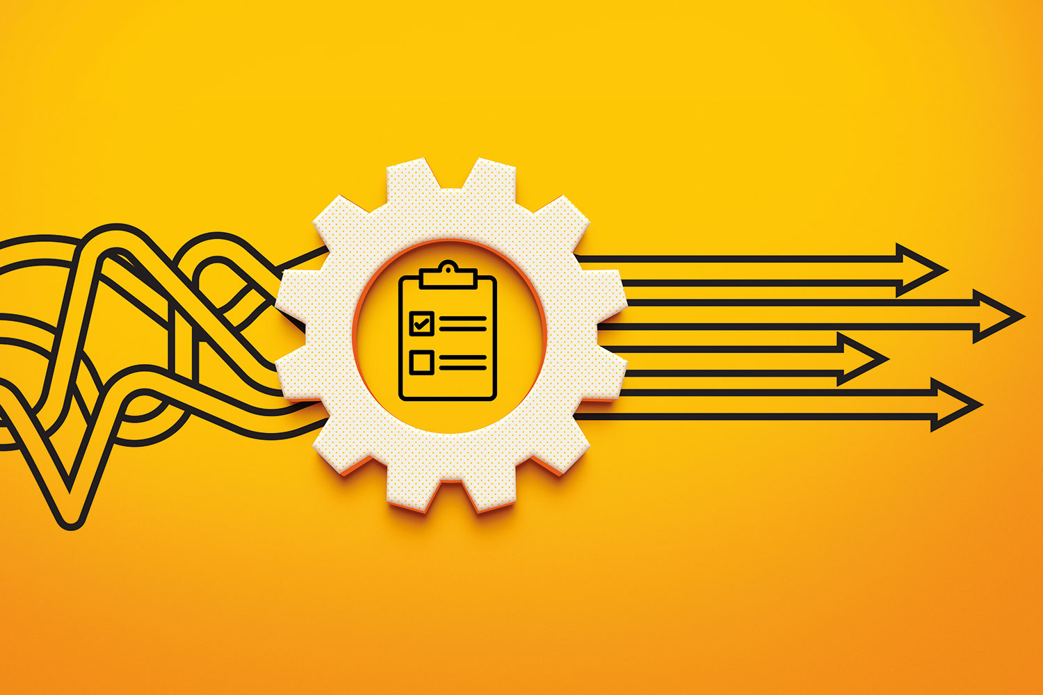 graphic on a yellow background of black squiggly lines on the left running into a white cog with a clipboard outlined in the middle, and straight arrowed lines coming out to the right