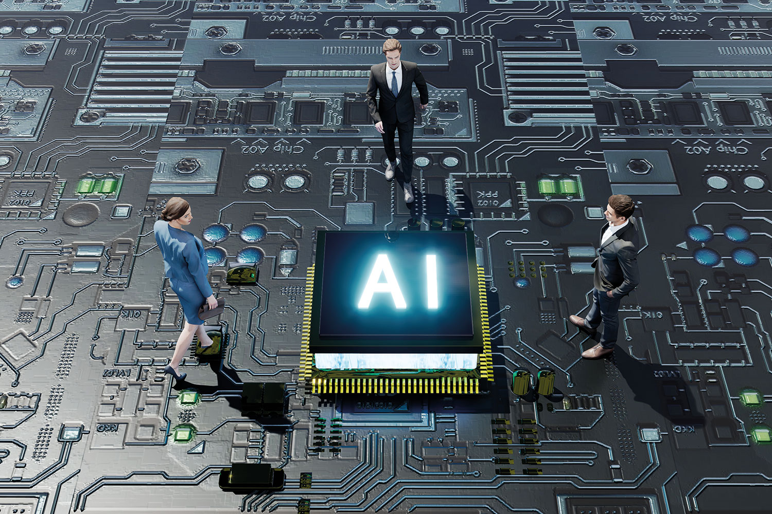 graphic of male and female office worker figurines standing on a circuit board around a central black square with bright white ‘AI’ letters on top