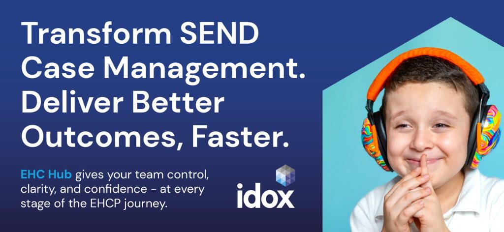 Idox banner showing a SEND child with earplugs. 