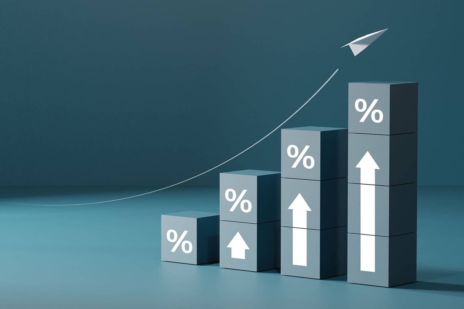 graphic of grey 3-D blocks on blue-grey background, blocks increasing in height like a bar chart with white arrows on them pointing to percentage marks