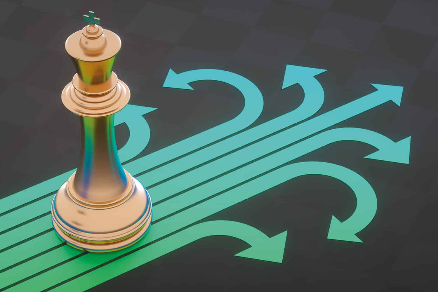 graphic of a golden King chess piece sitting on seven green lines cutting diagonally across a dark background, and branching and arrowing off in different directions after passing the king