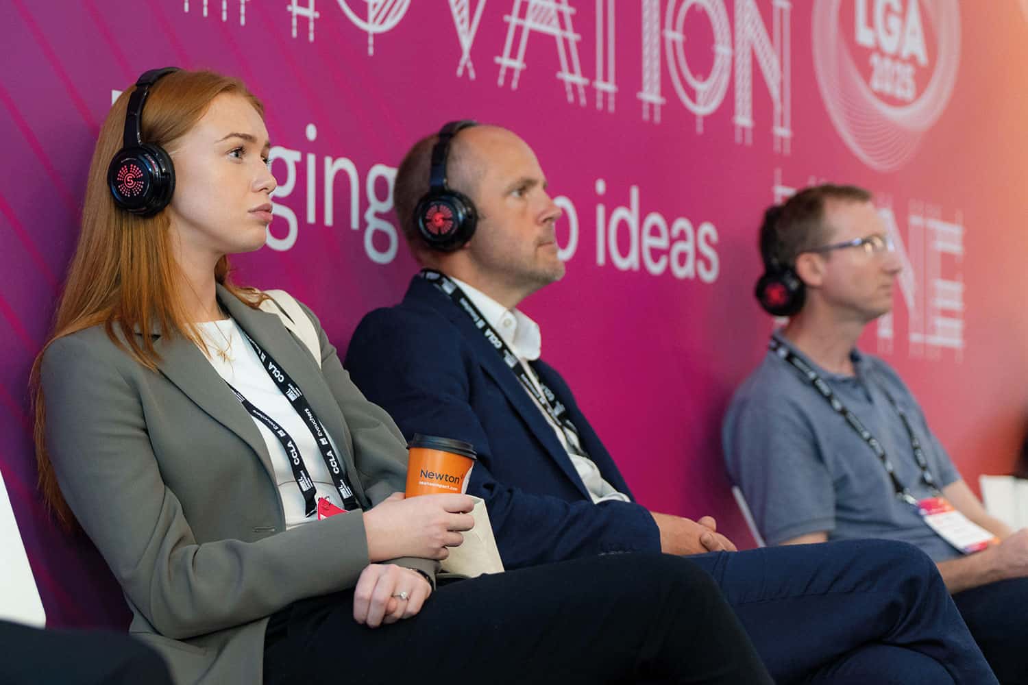 photos of delegates, and an interactive session featuring presenters and delegates, at the Innovation Zone at the LGA’s 2025 annual conference