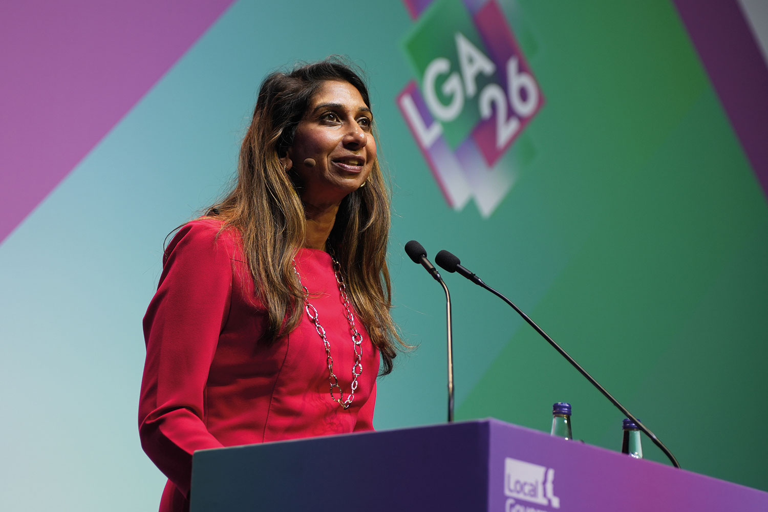 : photo of Suella Braverman MP, Reform UK’s Spokesperson for Education, Skills and Equality, speaking at the LGA’s annual conference in Bournemouth
