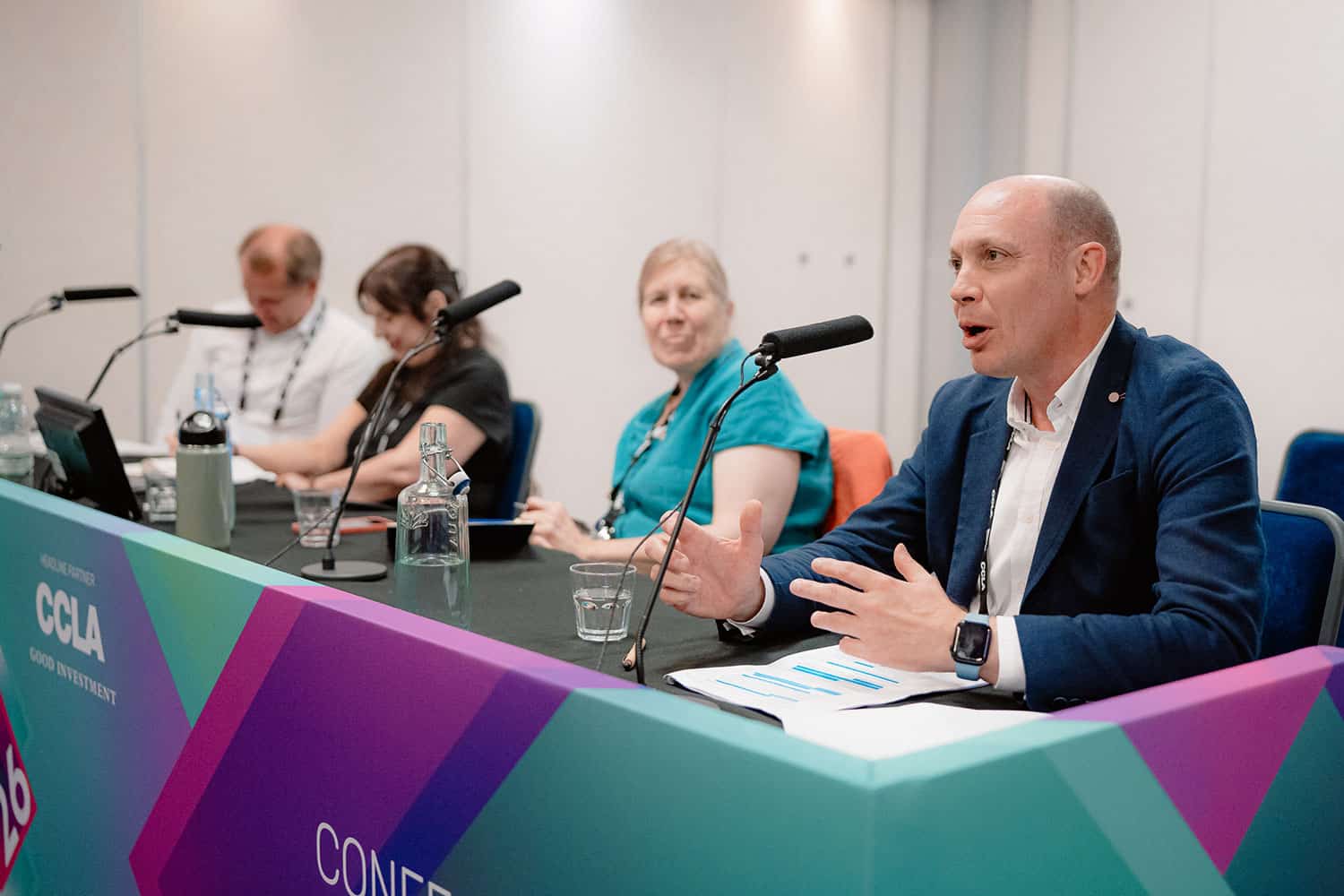 photo of Rob Bridge, Chief Executive of Cambridgeshire and Peterborough Combined Authority, alongside a panel of speakers at the LGA’s annual conference