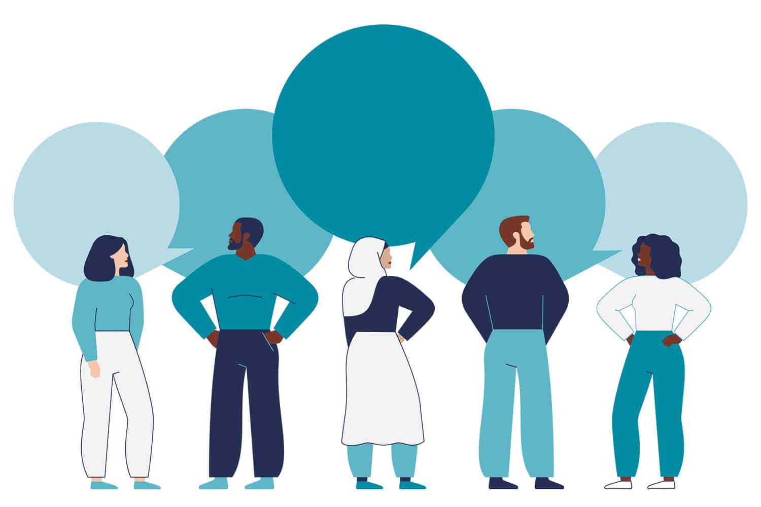 graphic of diverse group of five cartoon people with big empty speech bubbles coming from them