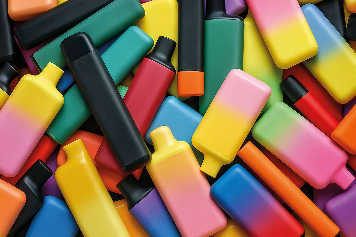 of brightly and multi-coloured disposable vapes containers