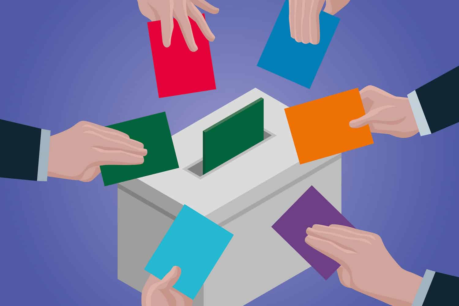graphic of hands with different coloured voting cards reaching to put them in a ballot box
