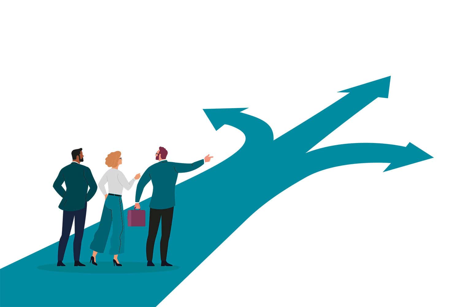graphic of three cartoon people pointing down a path that forks in three directions