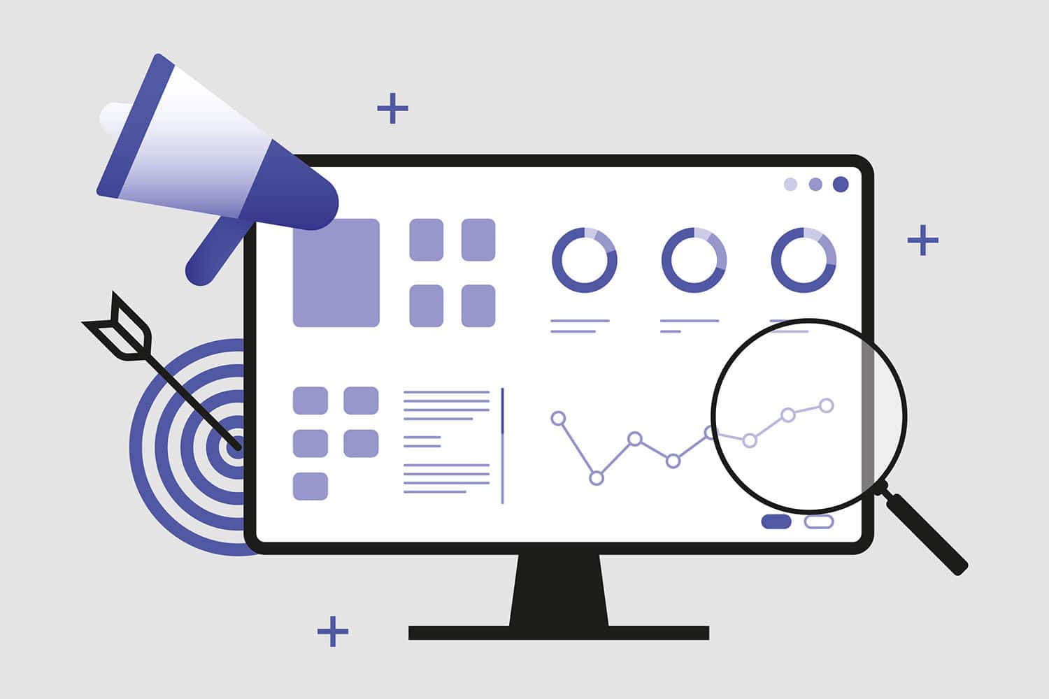 graphic of computer screen with simplified tables, pie charts and graphs displayed on the screen and a separate megaphone to the left, a target with an arrow in it visible partially behind the screen, and a magnifying glass hovering over the screen