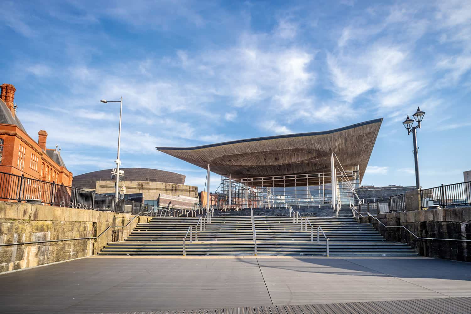 steps leading up to Senedd Welsh Assembly building in Cardiff Bay